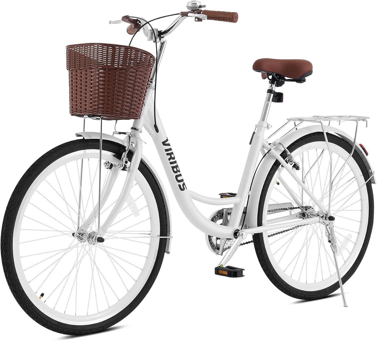 VIRIBUS Beach Cruiser Bike for Women, Single Speed Womens Bike with Basket & Rack 24 26 inch, Retro Step Through Cruiser Bicycle for Petite Short Women Female Ladies City Commuter, 330 lb.