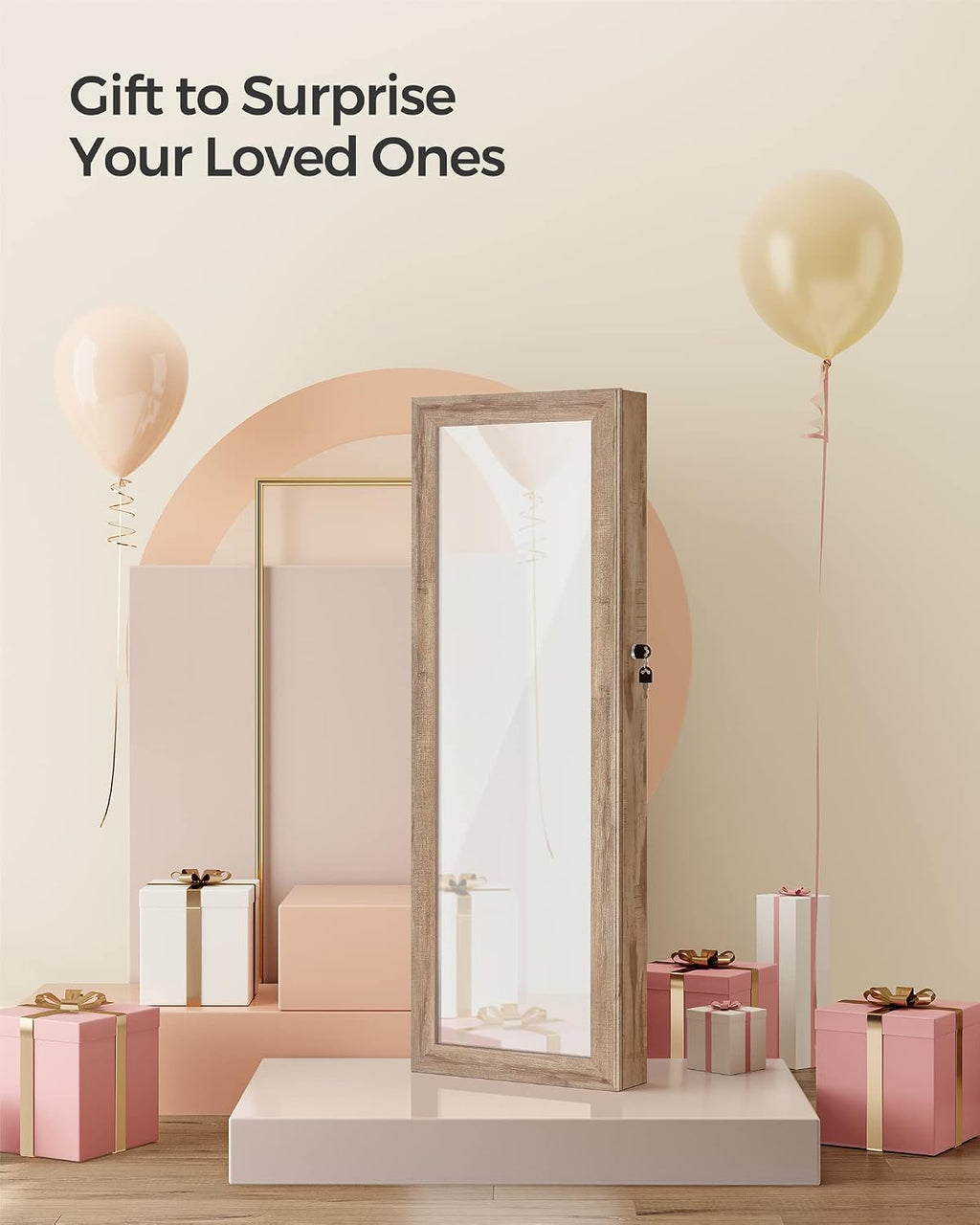 SONGMICS 6 LEDs Mirror Jewelry Cabinet, 47.2-Inch Tall Lockable Wall or Door Mounted Jewelry Armoire Organizer with Mirror, 2 Drawers, 3.9 x 14.6 x 47.2 Inches, Toasted Oak Color UJJC093N01