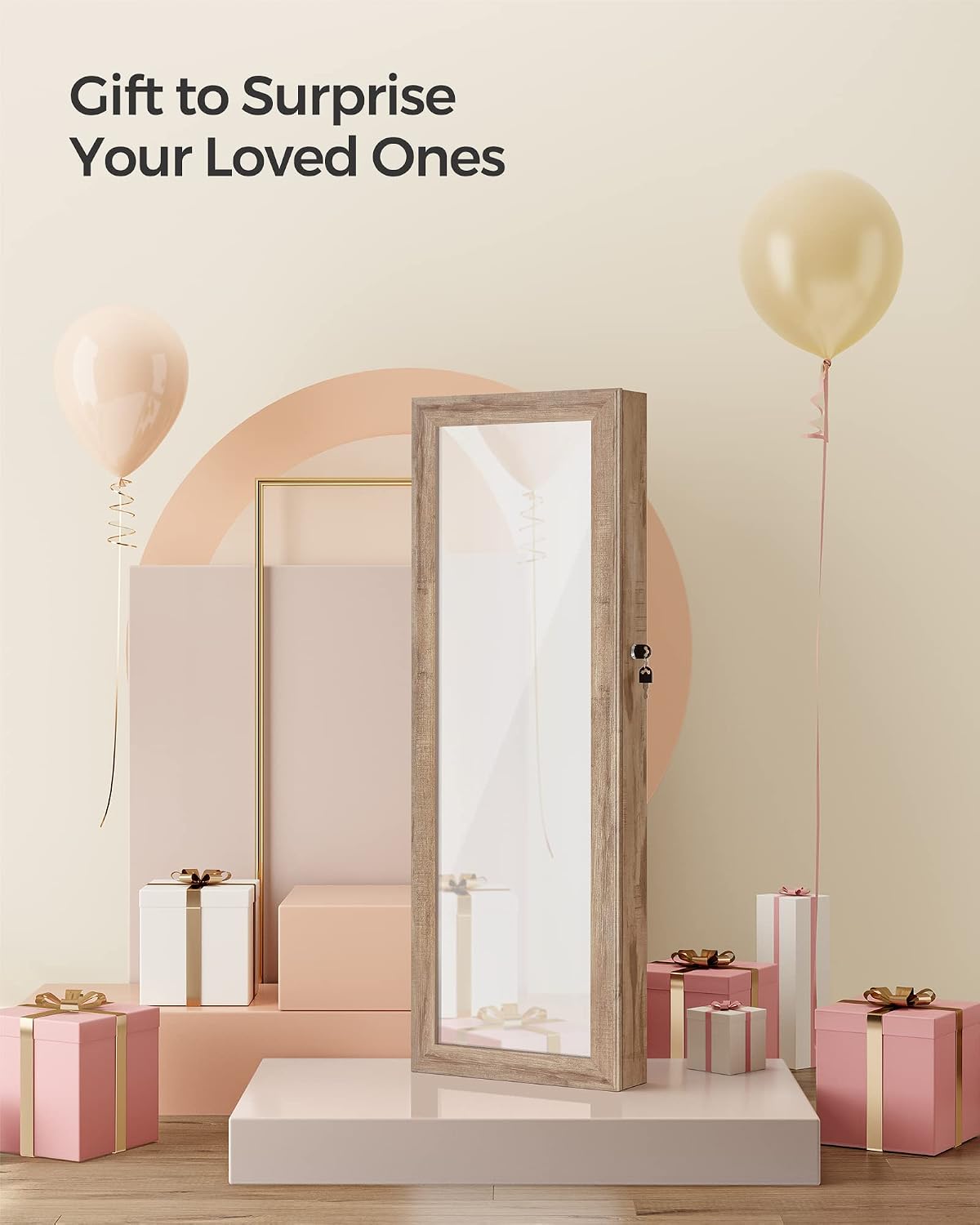 SONGMICS 6 LEDs Mirror Jewelry Cabinet, 47.2-Inch Tall Lockable Wall or Door Mounted Jewelry Armoire Organizer with Mirror, 2 Drawers, 3.9 x 14.6 x 47.2 Inches, Toasted Oak Color UJJC093N01