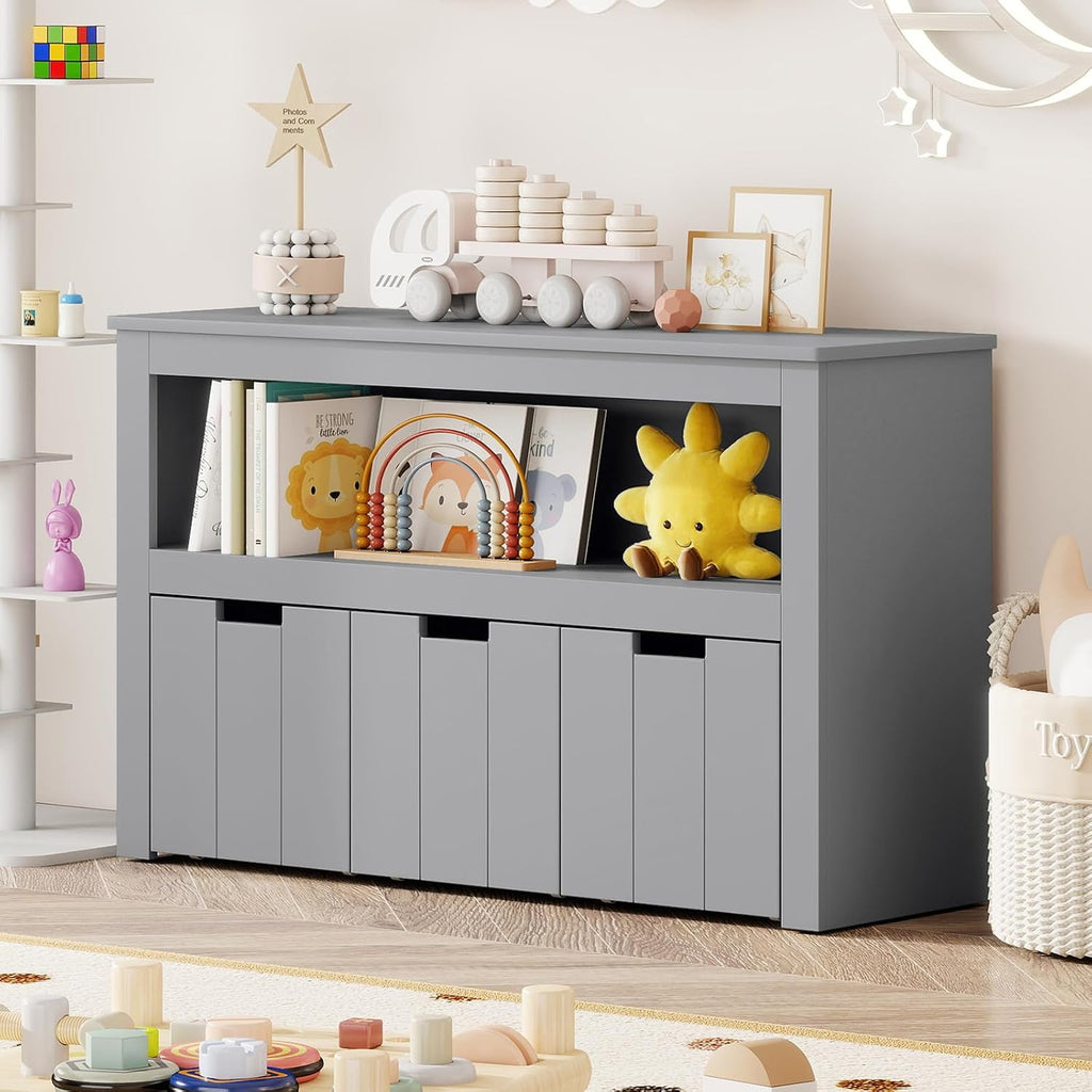 HONEY JOY Kids Toy Storage Organizer, Children Daycare Shelf, 3 Wooden Toy Box w/Wheels, Toddler Classroom Display Cabinet for Playroom, Nursery, Kindergarten (Gray)