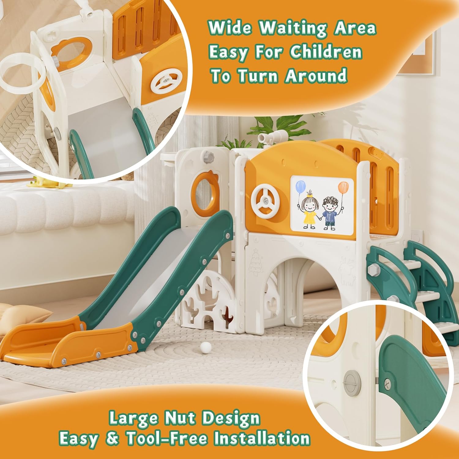 67i Indoor Toddler Slide with Drawing Board, Golf Set, Basketball Hoop - Kids Playground for 1-3 Year Olds, Non-Slip Steps & Storage Space (Green Yellow)