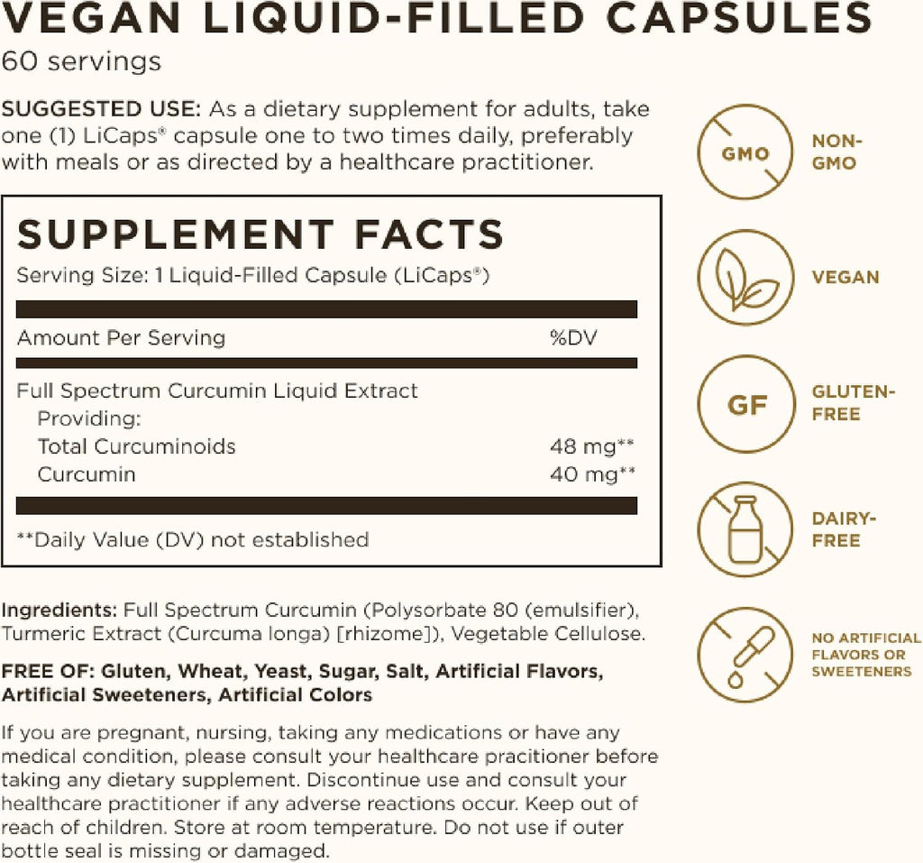 Solgar Full Spectrum Curcumin - 60 LiCaps, Pack of 3 - Superior Absorption - Brain, Joint & Immune Health - Non-GMO, Vegan, Gluten Free, Dairy Free - 180 Total Servings