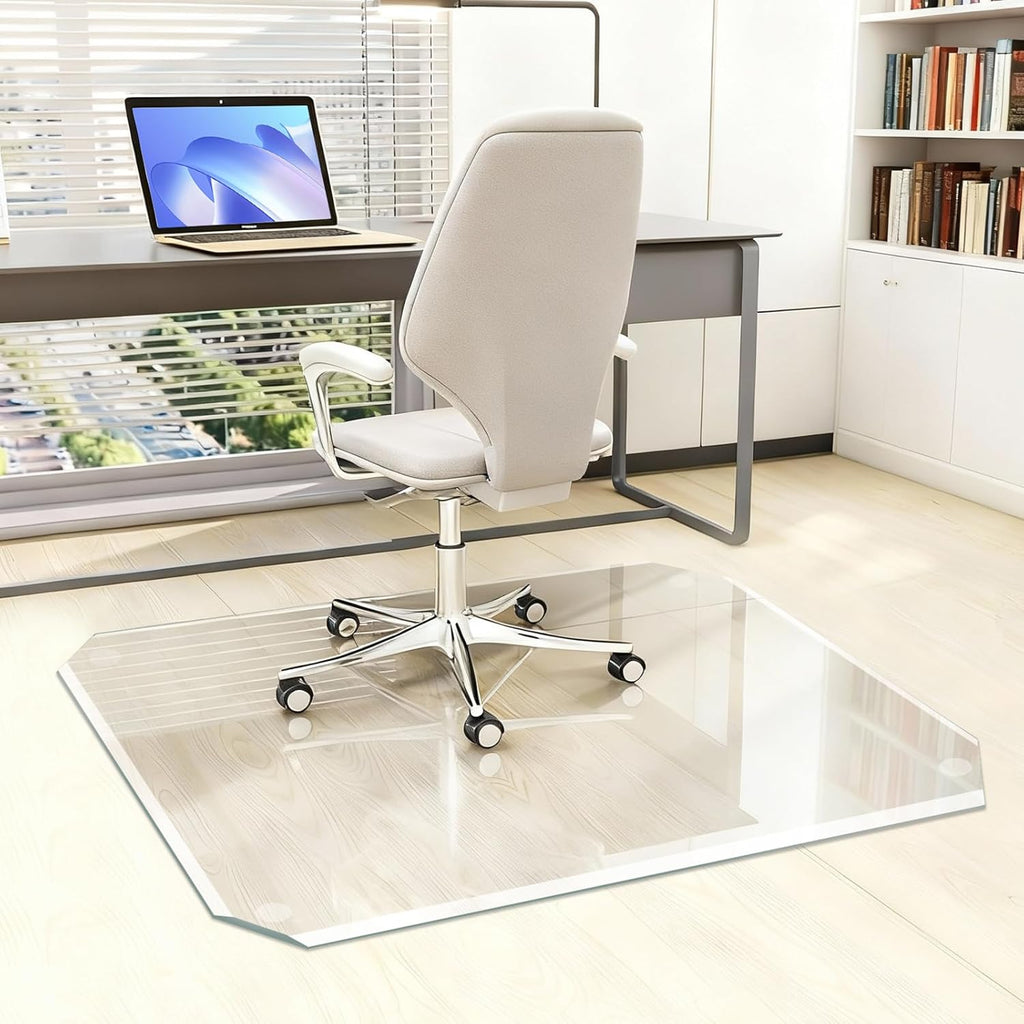 Tempered Glass Chair Mat with Patented Beveled Edge, 46'x55' 1/5' Thick Office Floor Mat for Carpet & Hardwood, w/ 12 Anti-Slip Pads