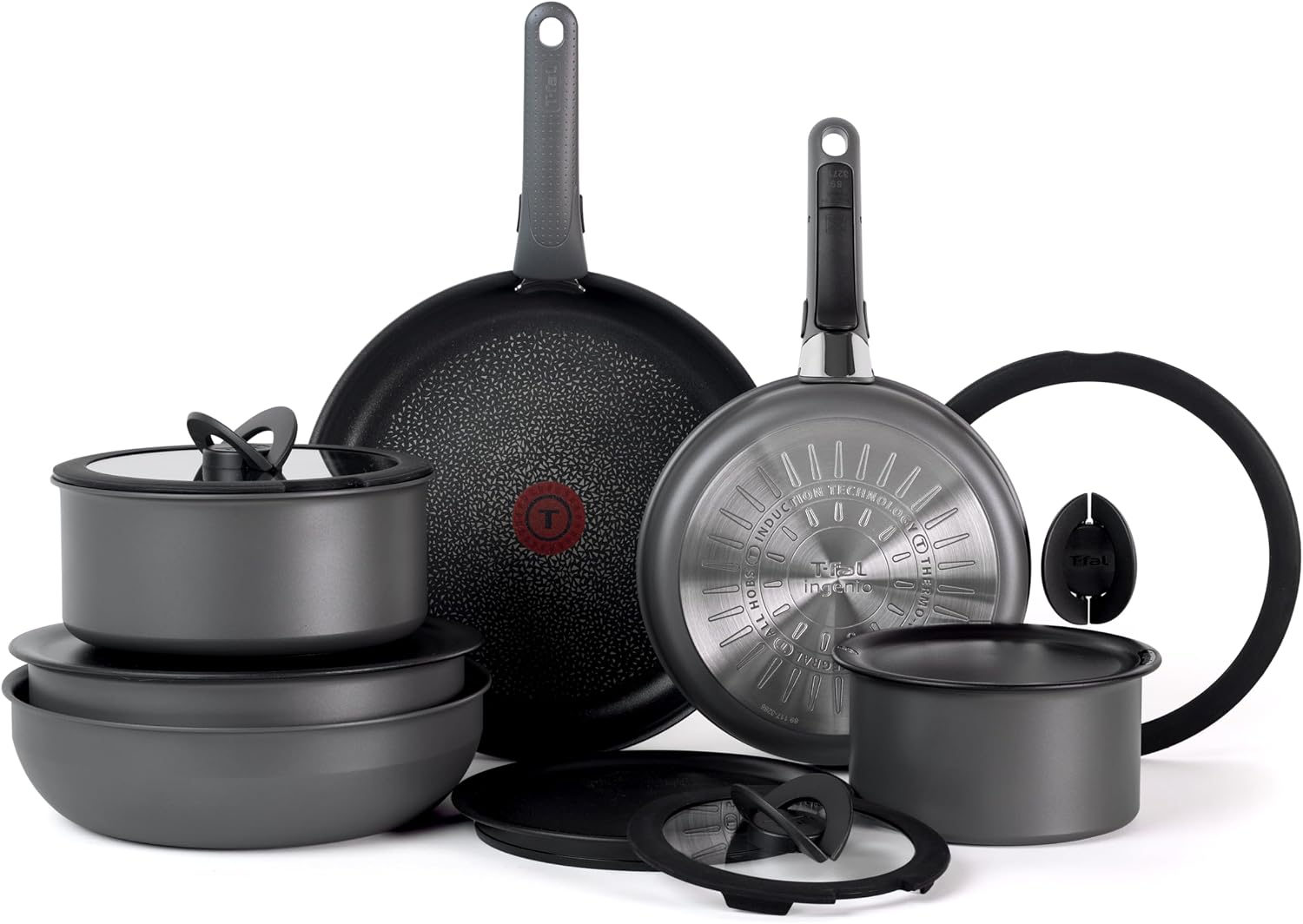 T-fal Ingenio Expertise Non Stick Cookware Set 14 Piece, Induction, Oven Broiler Safe 500F, Detachable/Removable Handle, Kitchen, Cookware, Pots and Pans, RV, Camping, Fry Pans, Dishwasher Safe, Gray