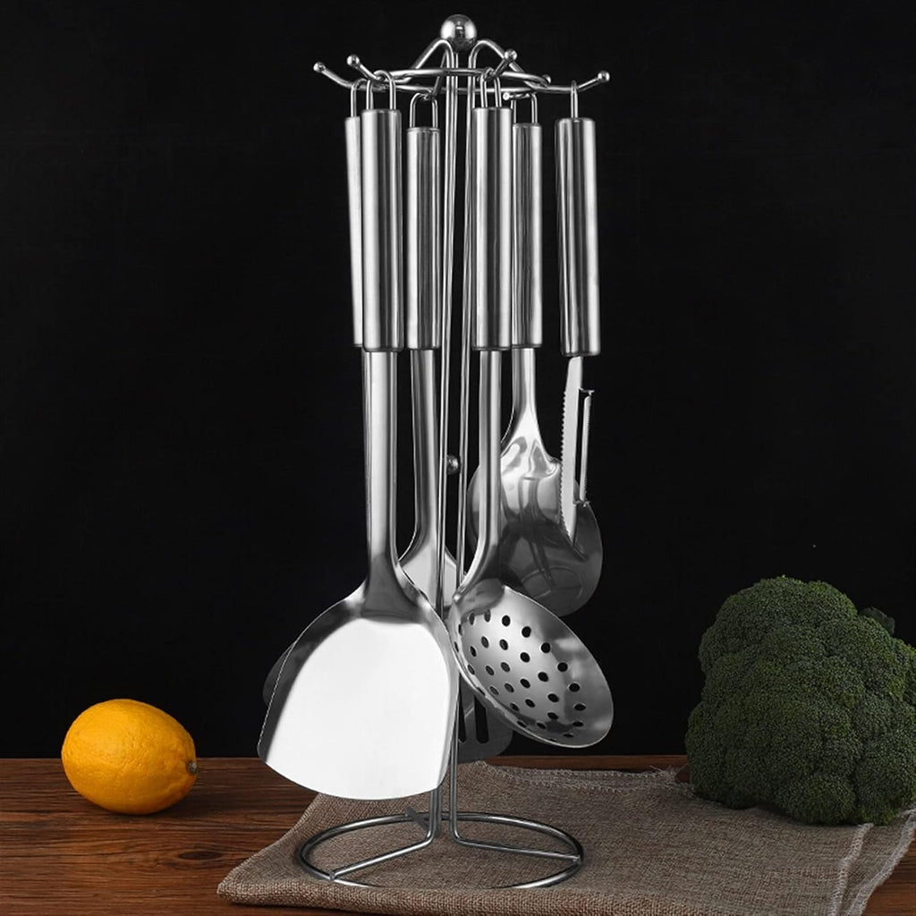 7-Pieces Kitchen Utensil Set -Stainless Steel Specialty Chinese Wok Utensil Set Cooking Utensils with Rotating Holder for Baking Cooking Lightweight and Durable