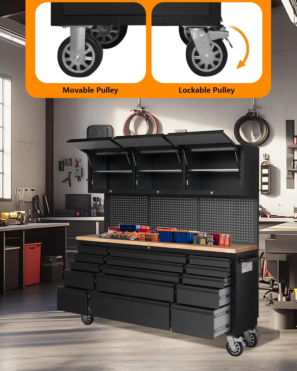 75' Tool Chest Tool Box, Heavy Duty Tool Chest Cabinet with 15 Drawers and 3 Upper Cabinets Combination Tool Cabinet, Large Tool Bench Organizer with Wood Top and Pegboard for Garage, Black