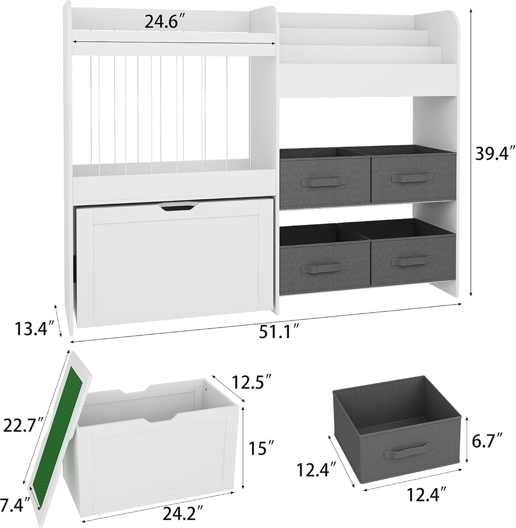 51.1' W Large Toy Storage Organizer with Stuffed Animal Storage, Kids Bookshelf with 4 Removable Toy Bins, Movable Toy Box with Buildable Baseplate Lid for Lego Bricks, Ideal for Kids Room Playroom