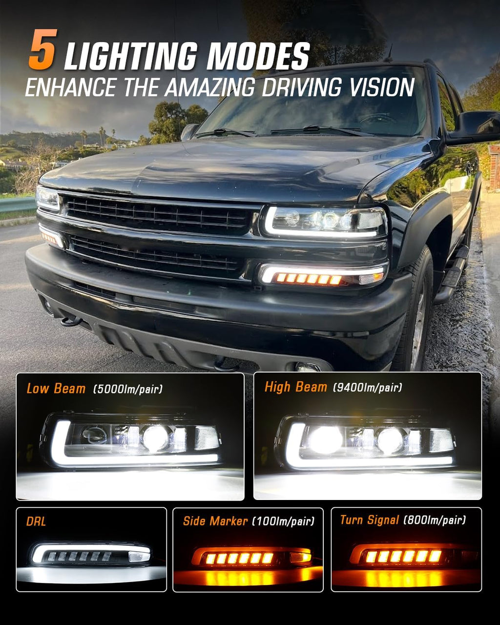 RAMJET4X4 LED Headlights Assembly Headlamps Replacement Compatible with 1999-2002 Chevy Silverado 2000-2006 Chevy Suburban 00-06 Tahoe DRL Turn Signal Hi/Low Beam with Bulbs (NOT FIT for GMC)