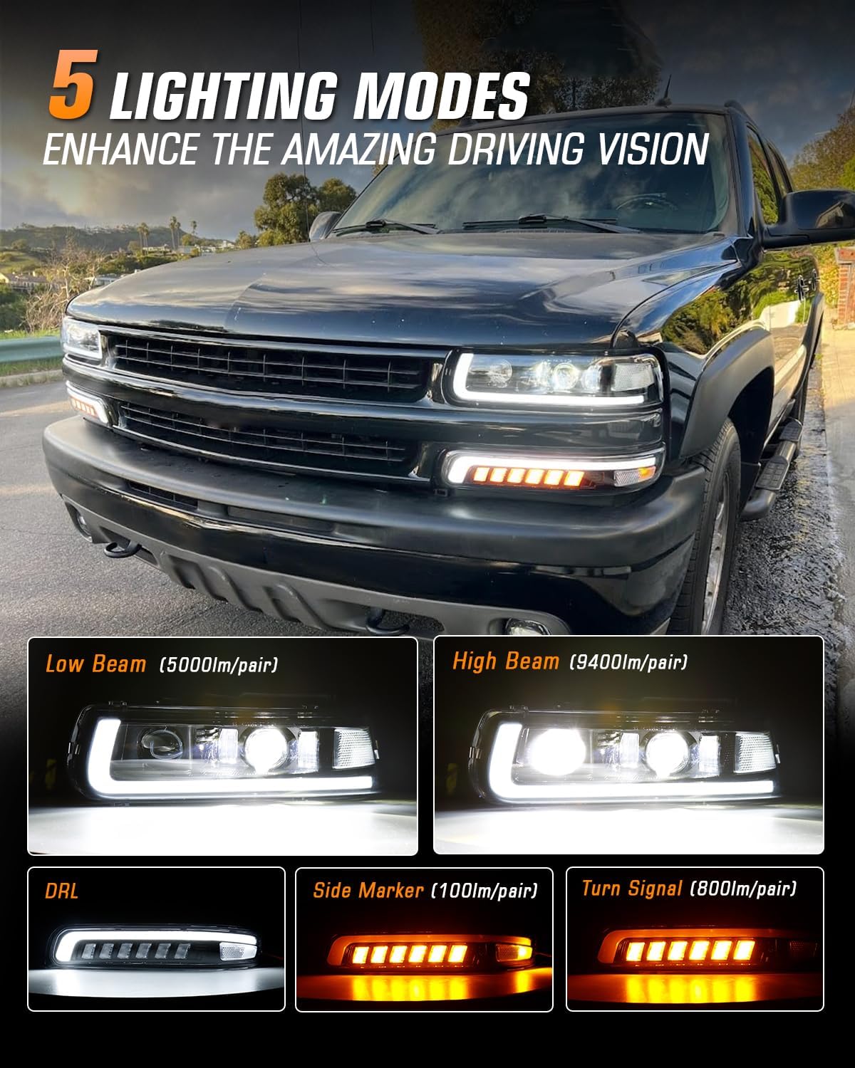 RAMJET4X4 LED Headlights Assembly Headlamps Replacement Compatible with 1999-2002 Chevy Silverado 2000-2006 Chevy Suburban 00-06 Tahoe DRL Turn Signal Hi/Low Beam with Bulbs (NOT FIT for GMC)