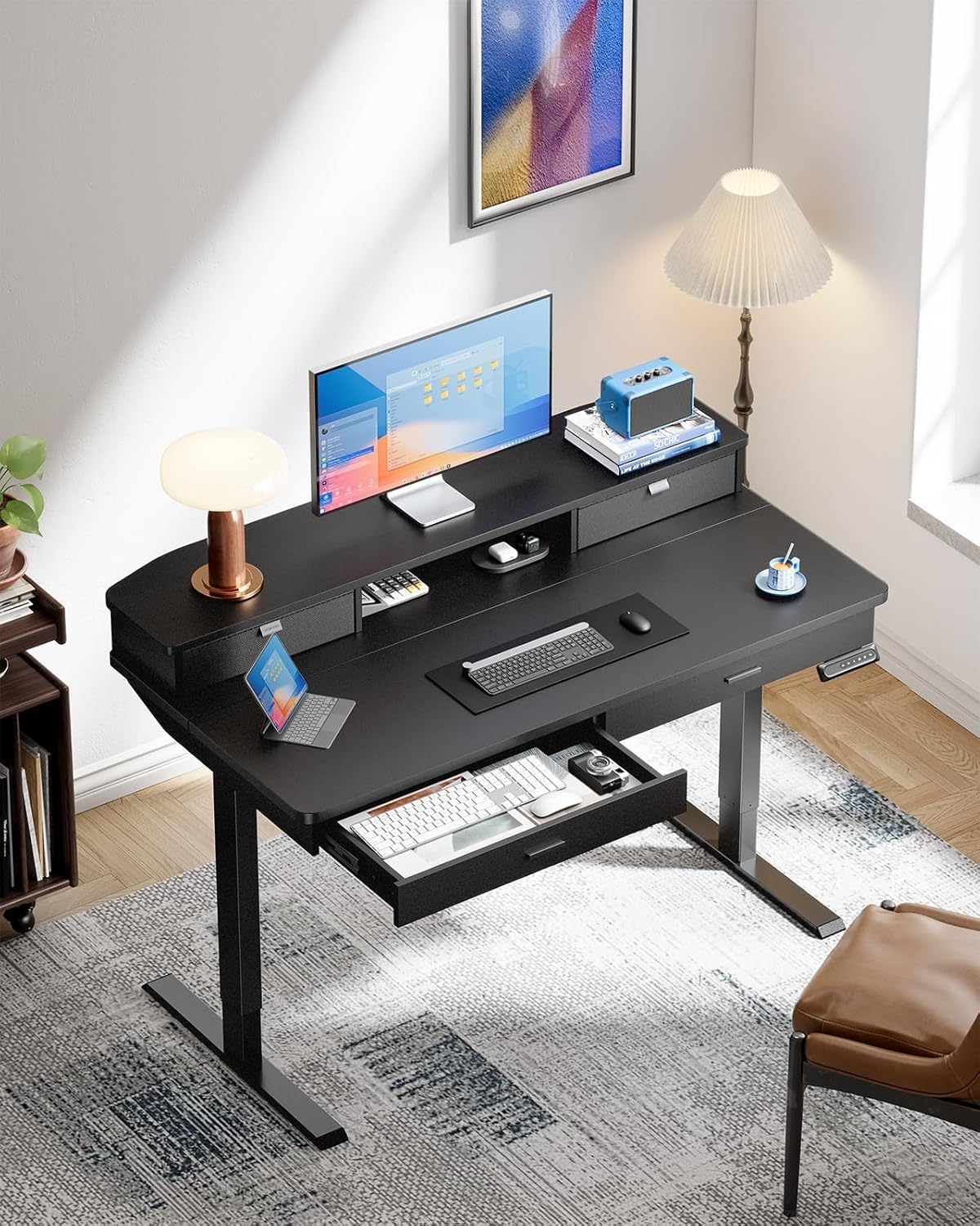 HUANUO 55 x 30 inch Standing Desk with Wood Drawers,Electric Stand up Home Office Desk Adjustable Height with Two Tiers, Black Ergonomic Stand up Desk with Monitor Stand