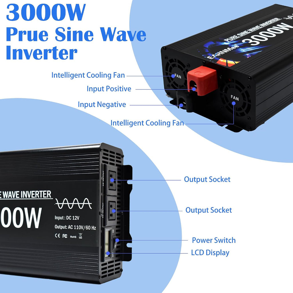 3000W Pure Sine Wave Inverter, Vehicle Converter,12V DC to 110V 120V AC for Car, RV, Truck, Home, Solar Power Inverter with LCD Display