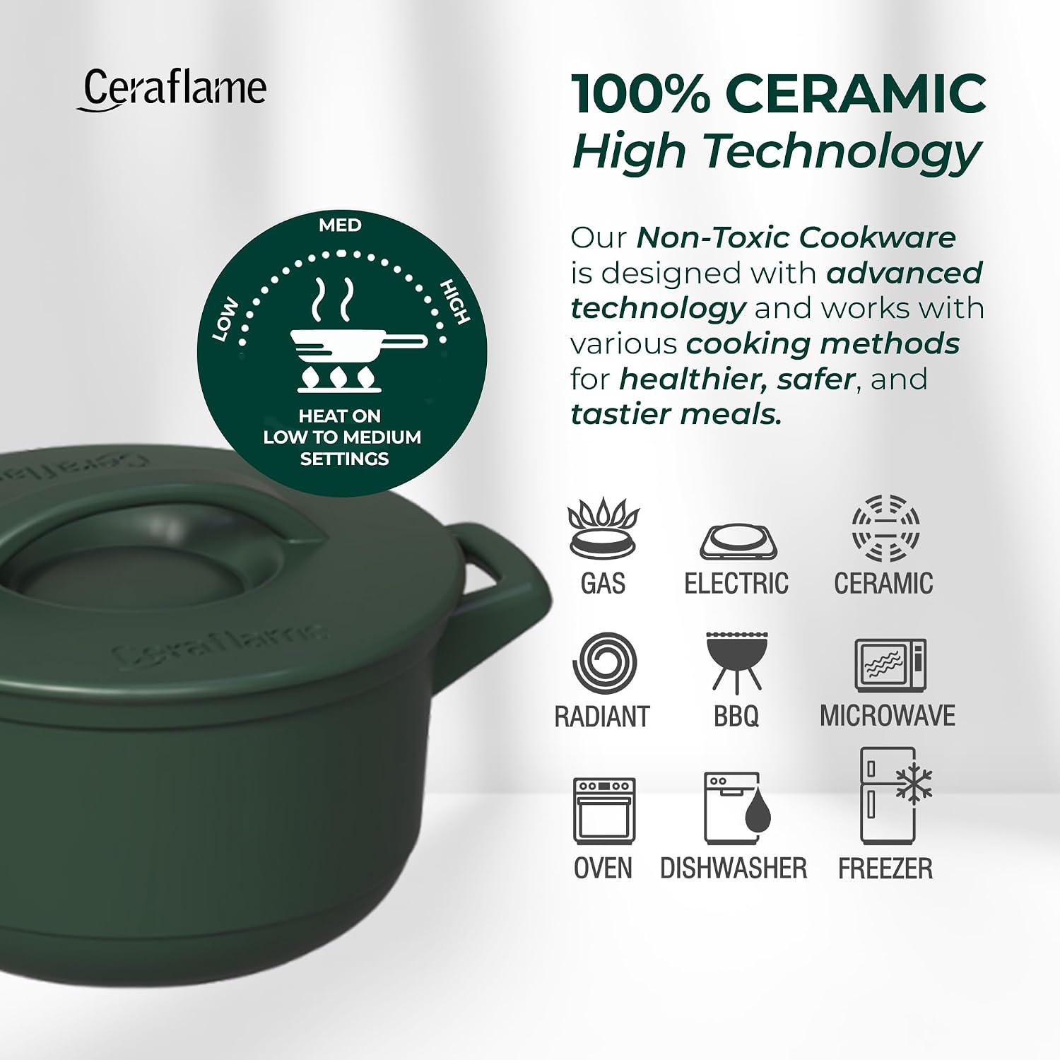 Pure Ceramic, Healthy, Non Toxic Cookware Set - Oven Safe Up to 1200F, Microwave and Dishwasher Safe, Longlasting and Lightweight - PFAS, PTFE, PFOA, PFOS - Matte Rosemary