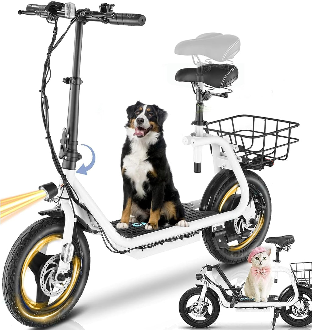 Caroma Electric Scooter with Seat for Adults, 1200W/800W Peak Motor, 30Miles Long Range & 20Mph, 14' Fat Tire Foldable E Scooter with Basket for Commuting, Grocery, Pets