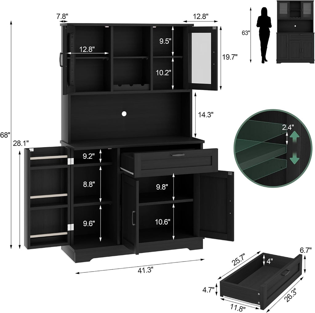 Shintenchi Kitchen Pantry Storage Cabinet, Freestanding Buffet Cabinet with Microwave Stand & 4 Door Shelves, Kitchen Hutch with Doors, Adjustable Shelves and Wine Rack, Black