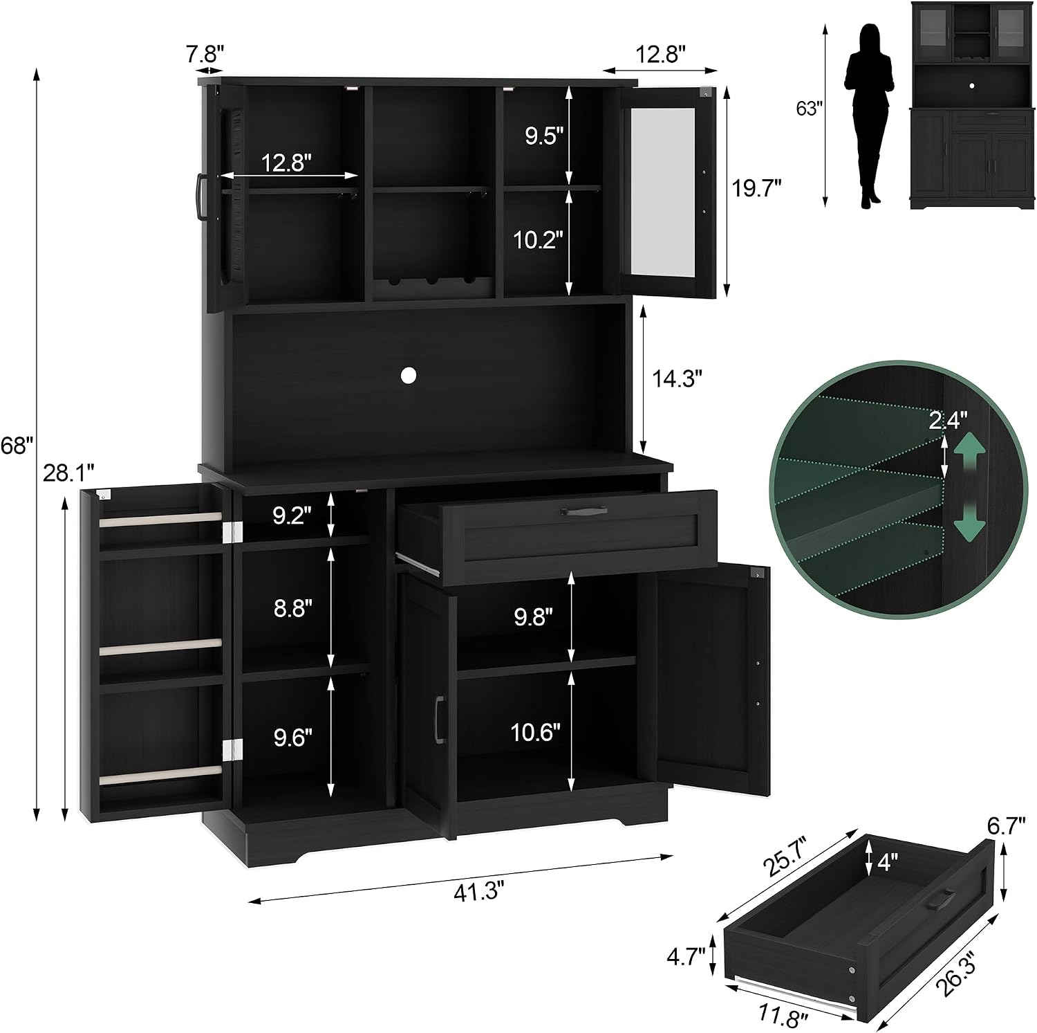 Shintenchi Kitchen Pantry Storage Cabinet, Freestanding Buffet Cabinet with Microwave Stand & 4 Door Shelves, Kitchen Hutch with Doors, Adjustable Shelves and Wine Rack, Black