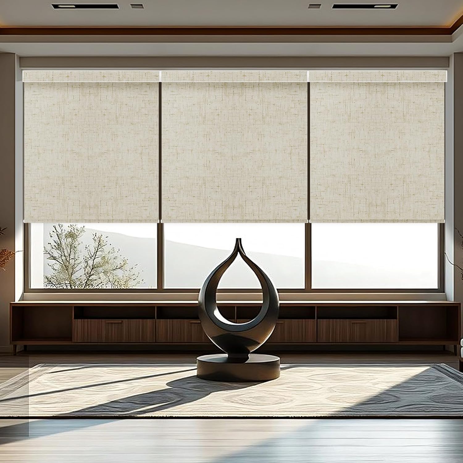 Motorized Roller Shade, 100% Blackout Smart Window Blinds Work with Homekit, Alexa, Google Home, Remote Control, Electric Blinds with USB/Solar Pannel,Custom up110''Wx120''H,Linen Stone