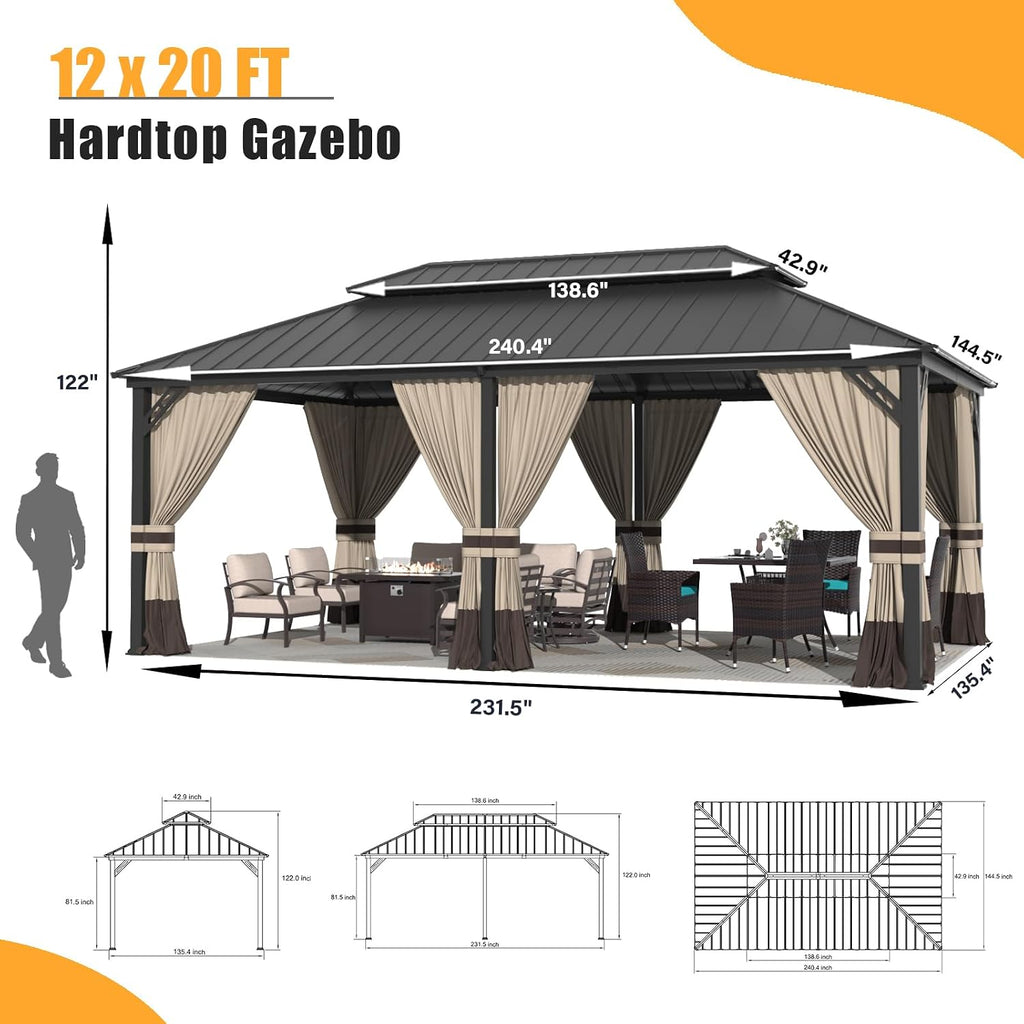 ALAULM 12'x20' Hardtop Gazebo, Outdoor Double Roof Canopy with Netting and Curtains, Galvanized Metal Frame, Sunshade for Patio, Backyard, Deck and Lawns-Sand