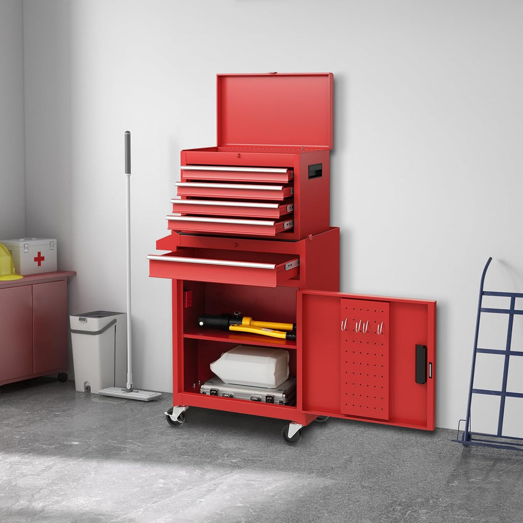 Rolling Tool Chest, 5-Drawer Tool Storage Cabinet with Wheels, Adjustable Shelf & Anti-Slip Liner, Tool Box Organizer for Garage, Warehouse & Workshop (Red)