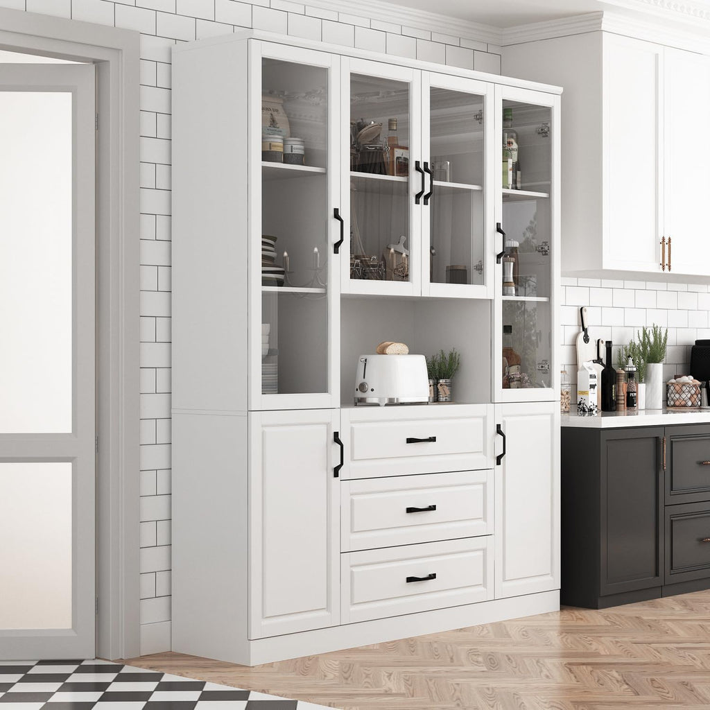 Tall Bookshelf with Glass Doors & Drawers, Large Storage Cabinet Home Office Bookcase with Doors & Shelves, Glass Display Cabinet for Living Room, White (63' W x 15.7' D x 78.9' H)