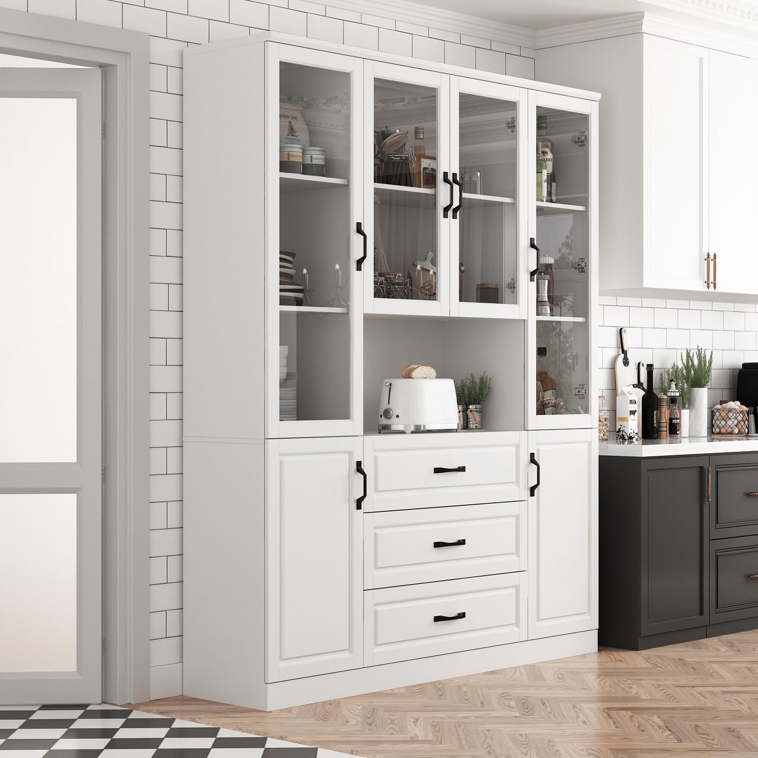 Tall Bookshelf with Glass Doors & Drawers, Large Storage Cabinet Home Office Bookcase with Doors & Shelves, Glass Display Cabinet for Living Room, White (63' W x 15.7' D x 78.9' H)
