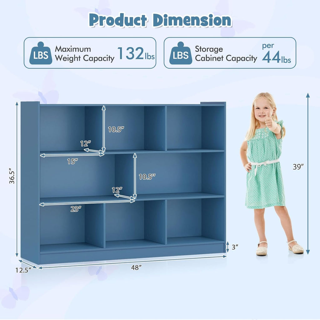 HONEY JOY Kids Toy Storage Organizer, 8-Section Storage Daycare Shelf for Preschool, Children 3-Tier Open Wooden Display Book Shelf Organizer for Classroom, Playroom & Nursery, Kindergarten (Blue)