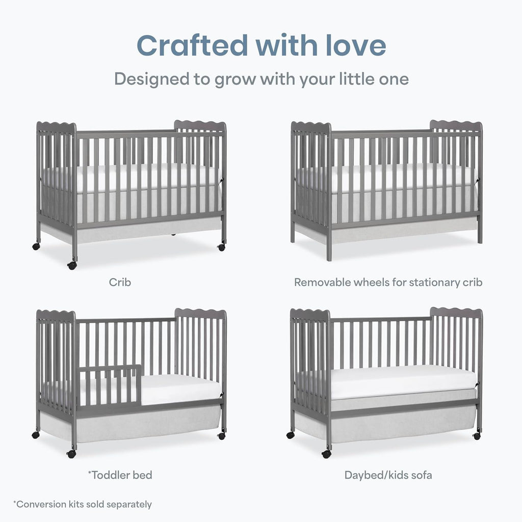 Dream On Me Carson Classic 3-in-1 Convertible Full-Size Baby Crib in Steel Grey, GreenGuard Gold & BSA, 4 Mattress Heights, Converts to Day & Toddler Bed, Locking Wheels, Classic Nursery Design