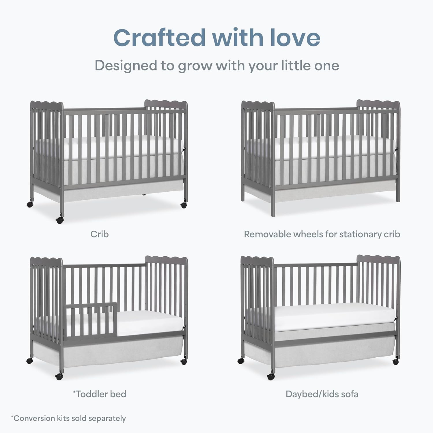 Dream On Me Carson Classic 3-in-1 Convertible Full-Size Baby Crib in Steel Grey, GreenGuard Gold & BSA, 4 Mattress Heights, Converts to Day & Toddler Bed, Locking Wheels, Classic Nursery Design