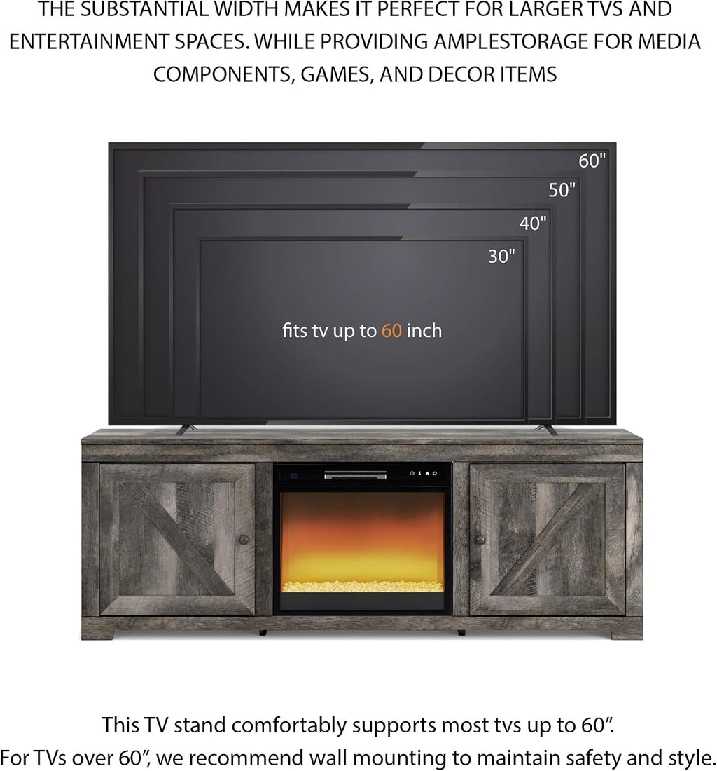 Signature Design by Ashley Wynnlow Farmhouse 63' TV Stand for TVs up to 72' with Electric Fireplace, Light Gray