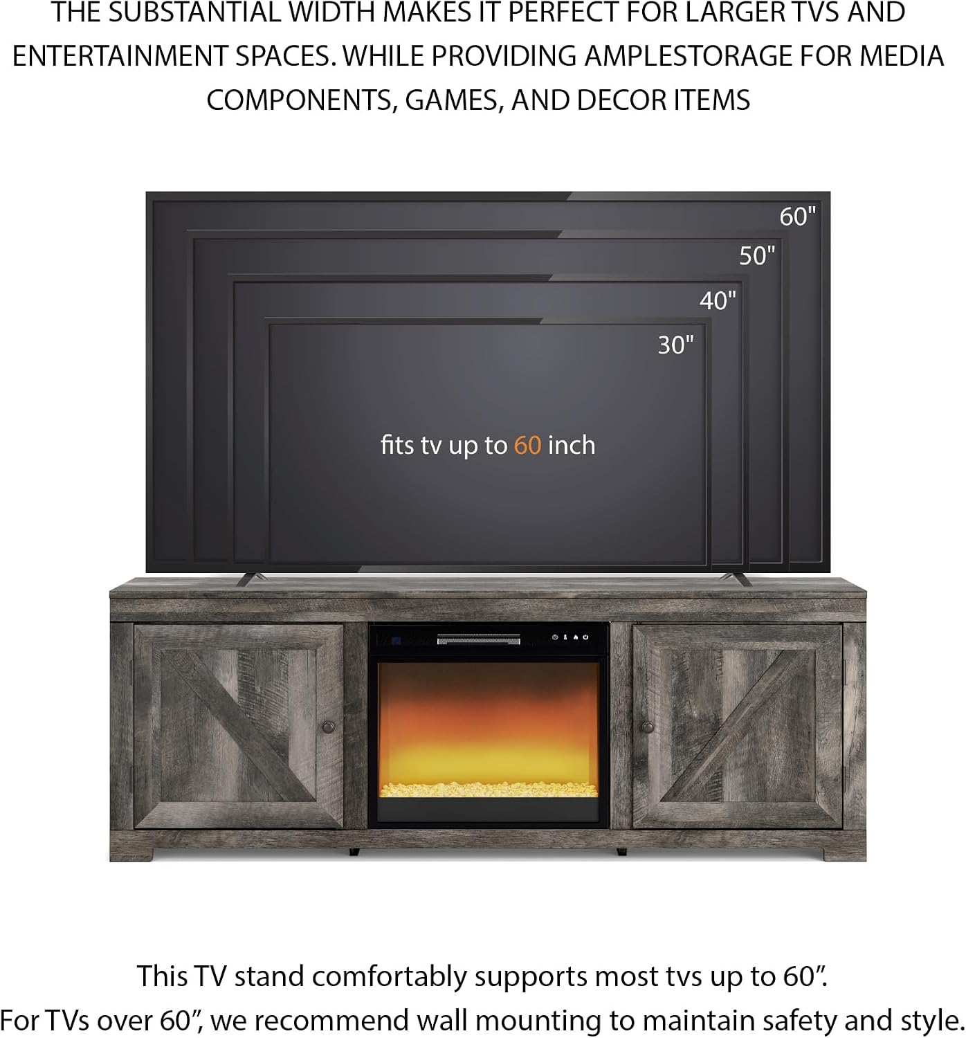 Signature Design by Ashley Wynnlow Farmhouse 63' TV Stand for TVs up to 72' with Electric Fireplace, Light Gray