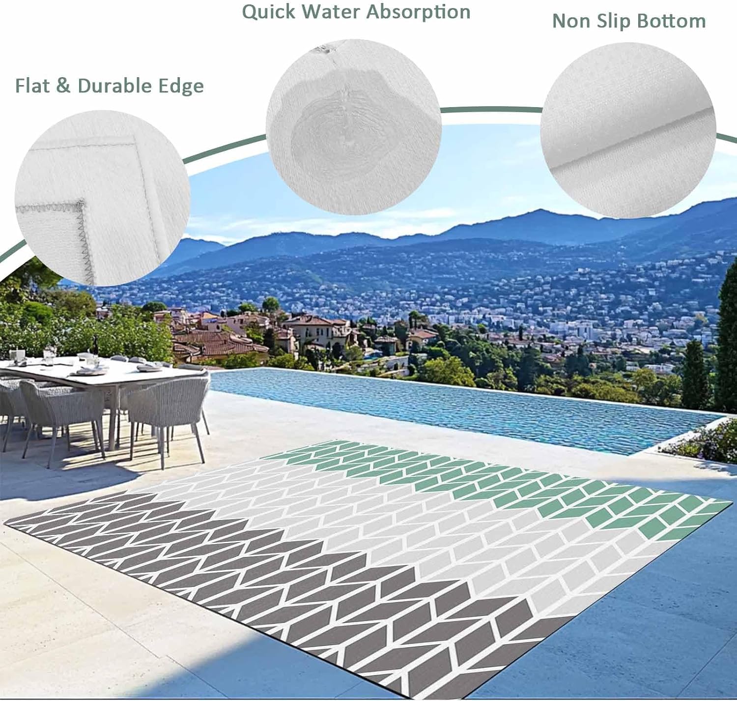 Outdoor Rug 4x6ft Grey Teal Stripe Buffalo Check Geometric Art Patio Area Rugs Waterproof Easy Cleaning Non Shedding Thick Mats Herringbone Carpet for Indoor Outdoor Porch Deck Backyard Balcony