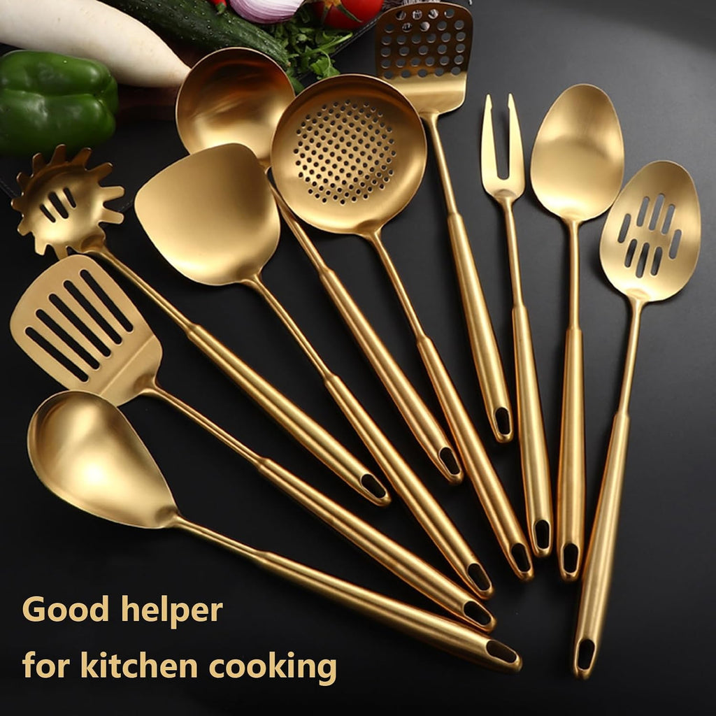 Gold Kitchen Utensils Set Dishwasher Safe with Utensil Storage Bucket 11 Piece Kitchenware Cookware Set Stainless Steel Cooking Utensils Set Stainless Steel with Heat Resistant Handle