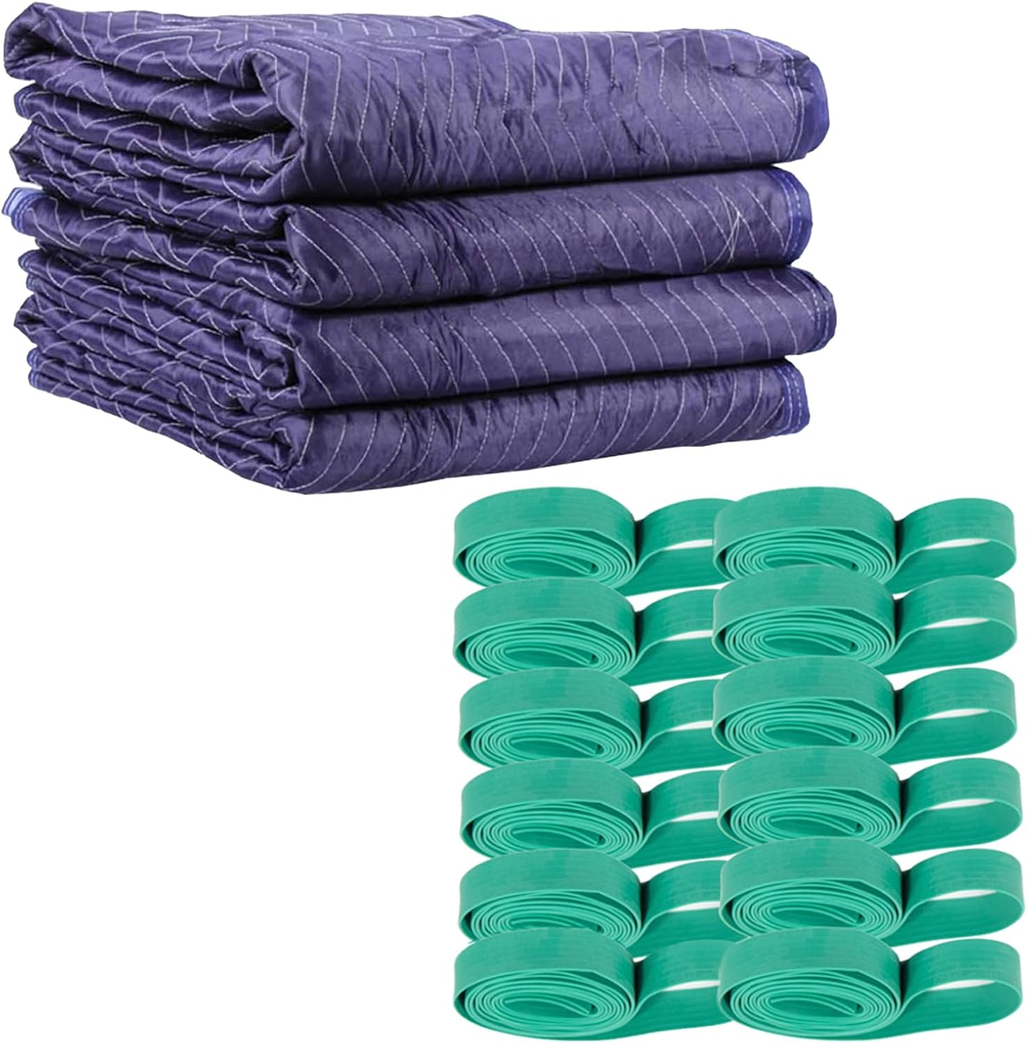 US Cargo Control 80 Inch X 72 Inch Mega Mover Moving Blankets And 30 Inch (60 Inch Fully Stretched) Moving Bands - Durable Protection During A Move Or While In Storage – 4 Blankets, 12 Rubber Bands