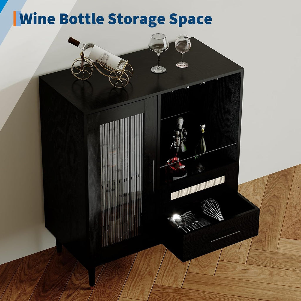 GarveeHome Modern Wine Bar Cabinet with Wine Glass Rack, Glass Door Display and Drawers, Coffee Bar & Liquor Cabinet with Storage, Buffet Sideboard Table for Home, Kitchen, Dining Room, Living Room
