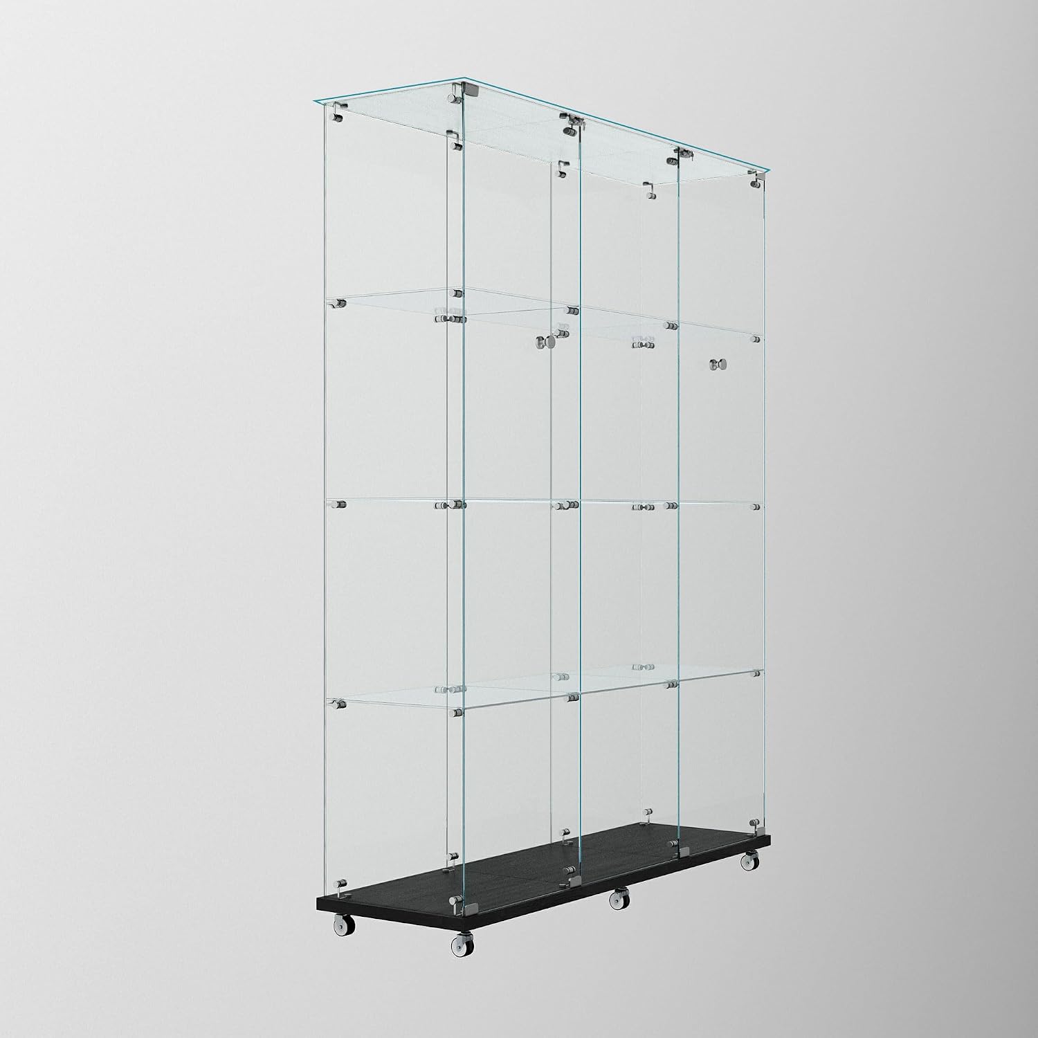 65' Tall Tempered Glass Display Cabinet with LED Lights&Rolling Wheels, Curio Cabinet with 4 Shelves with 2 Door, Quick-Install Style Floor Standing Bookshelf File Cabinet for Living Room Office