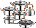 12 Piece Pots And Pans Set Non Stick Stainless Steel with Visual Lid Kitchen Induction Cookware Set with Woodgrain Handles Non-Toxic Professional Cooking Sets Compatible with All Cooktops