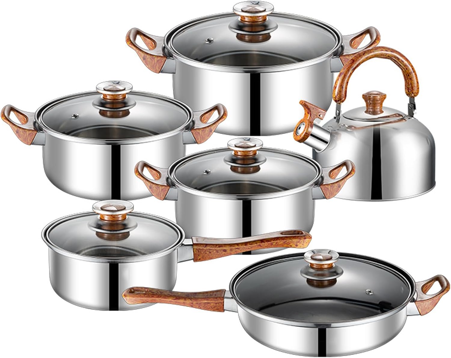 12 Piece Pots And Pans Set Non Stick Stainless Steel with Visual Lid Kitchen Induction Cookware Set with Woodgrain Handles Non-Toxic Professional Cooking Sets Compatible with All Cooktops
