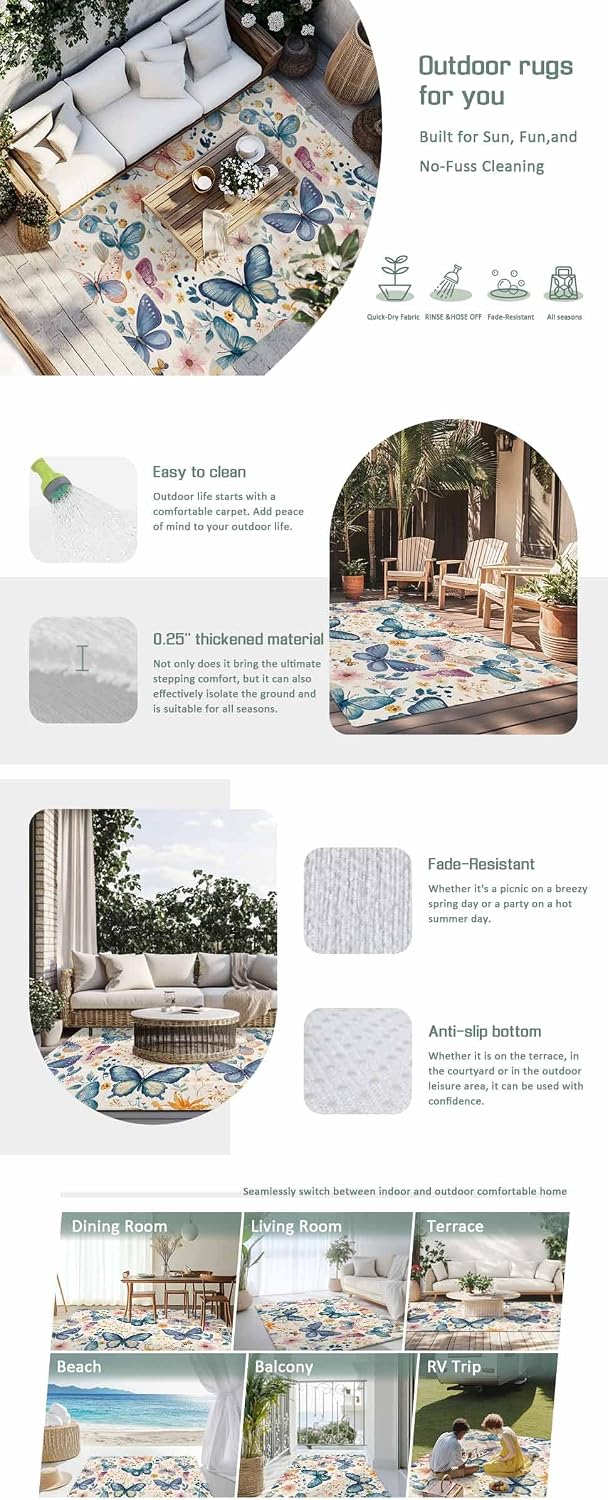 Outdoor Rug 4x6ft Retro Butterfly Leaves Patio Area Rugs Waterproof Easy Cleaning Non Shedding Thick Mats Vintage Carpet for Indoor Outdoor Porch Deck Backyard Balcony