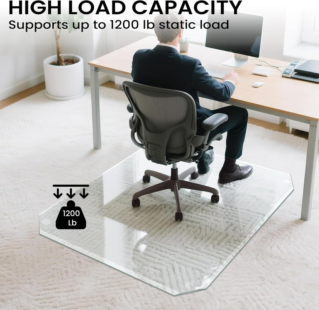 Tempered Glass Chair Mat with Patented Beveled Edge, 46'x55' 1/5' Thick Office Floor Mat for Carpet & Hardwood, w/ 12 Anti-Slip Pads