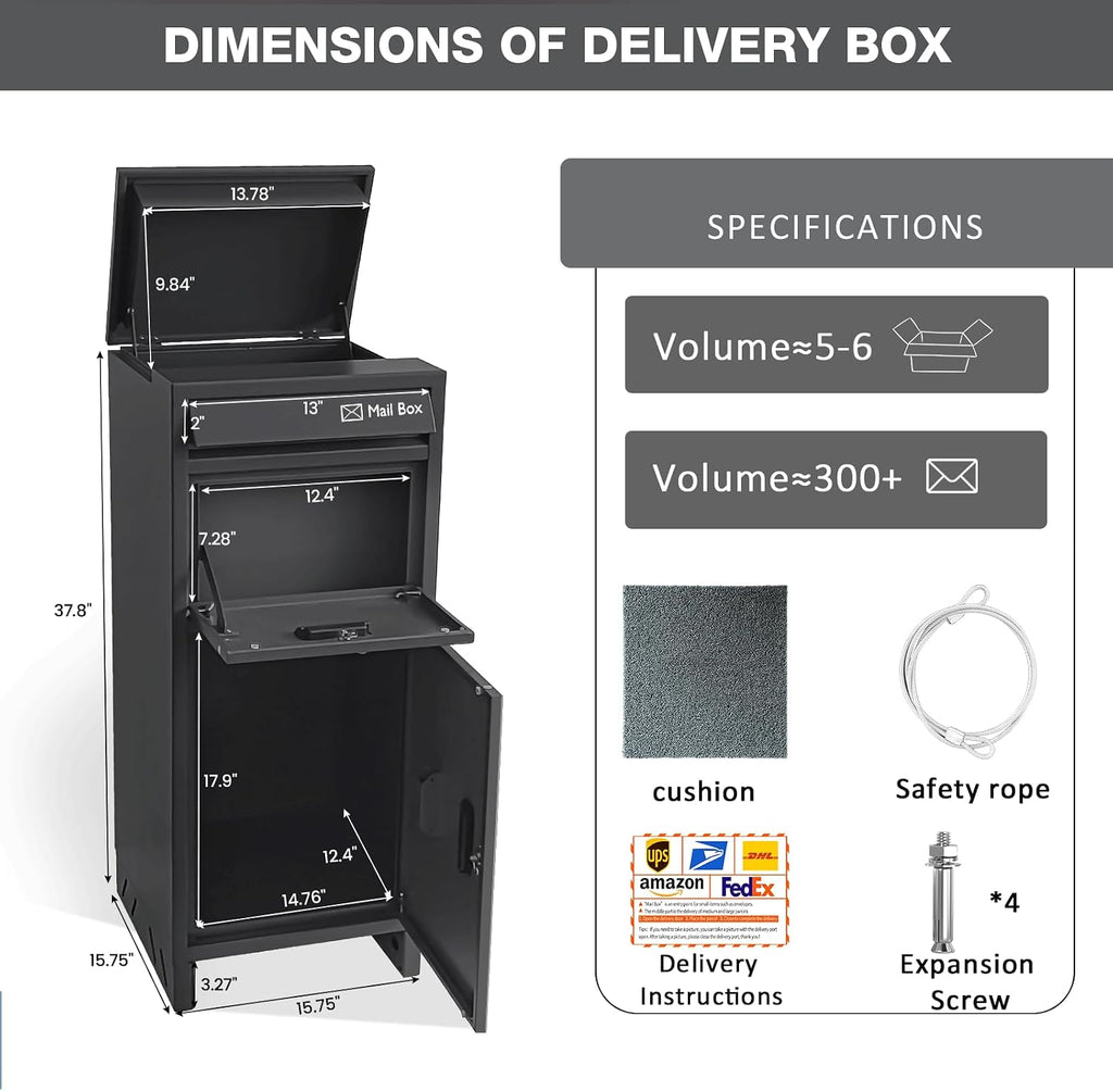 OZG Package Delivery Boxes for Outdoor, Parcel Drop Box with Heavy-Duty Steel, Waterproof, Anti-Theft Design, for Outside of Home/Shop/Office (15.7 * 37.8 * 15.7')