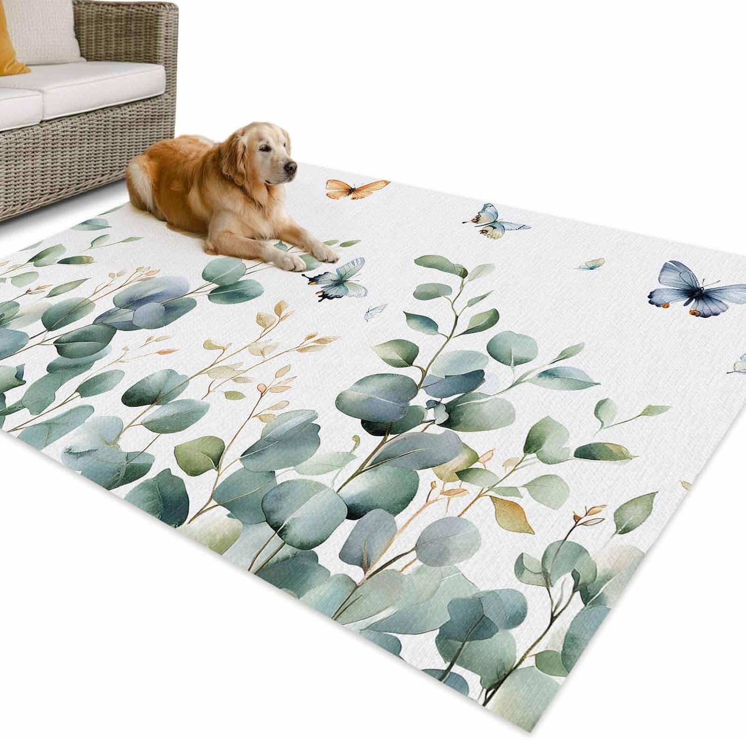 Outdoor Rug 4x6ft Spring Green Eucalyptus Leaf Butterfly on White Patio Area Rugs Waterproof Easy Cleaning Non Shedding Thick Mats Botanical Carpet for Indoor Outdoor Porch Deck Backyard Balcony