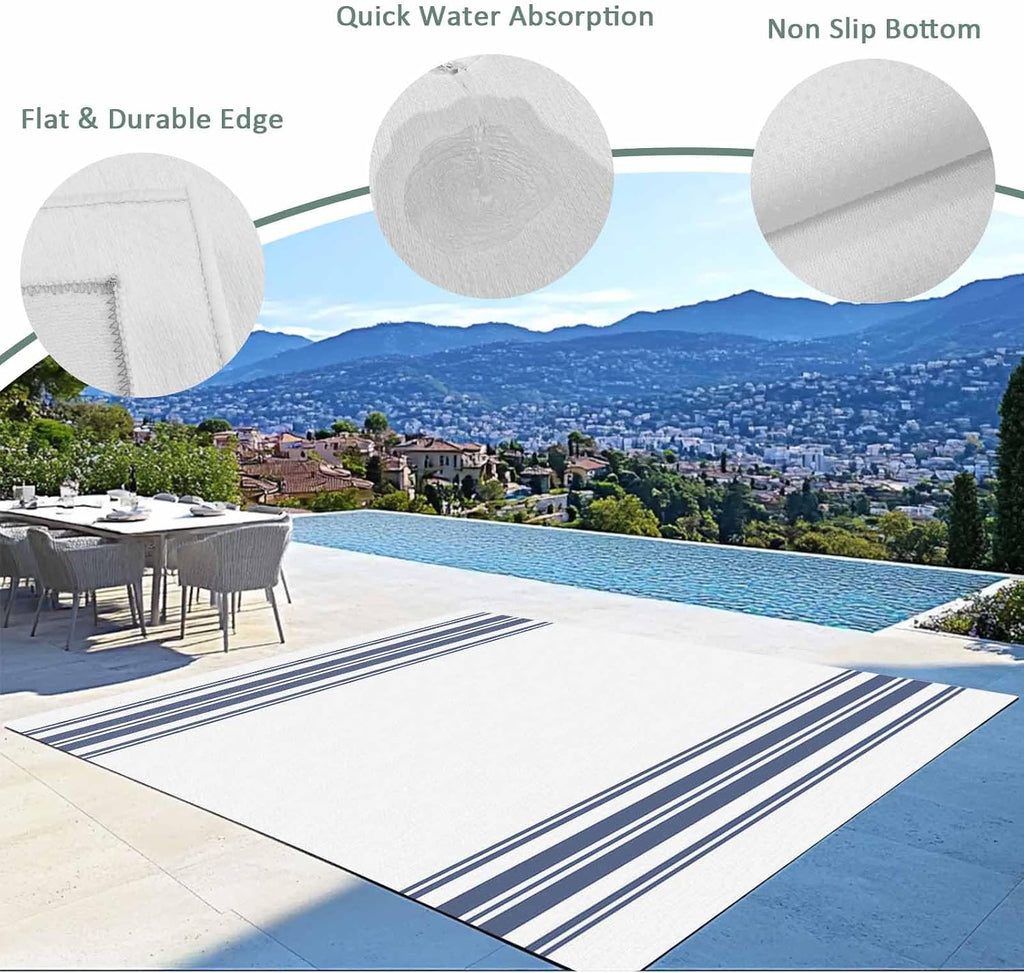 Outdoor Rug 4x6ft Farm Blue Stripes Line Patio Area Rugs Waterproof Easy Cleaning Non Shedding Thick Mats White Carpet for Indoor Outdoor Porch Deck Backyard Balcony