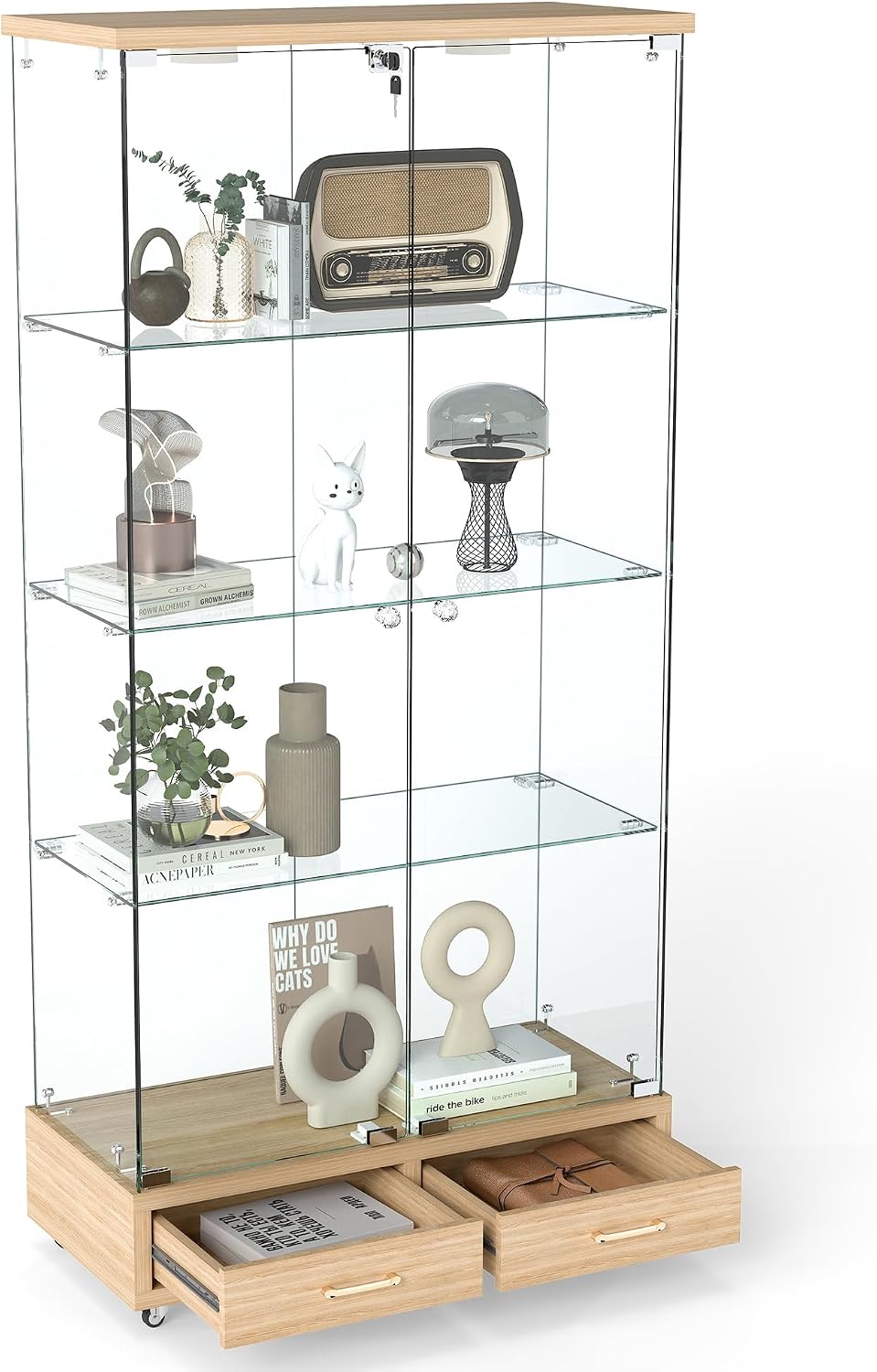 Modern Glass Display Cabinet with LED Light 4-Shelf Curio Cabinets with Storage Drawer and Wheels,Tempered Glass Display Shelf Bookcase for Living Room Home Office