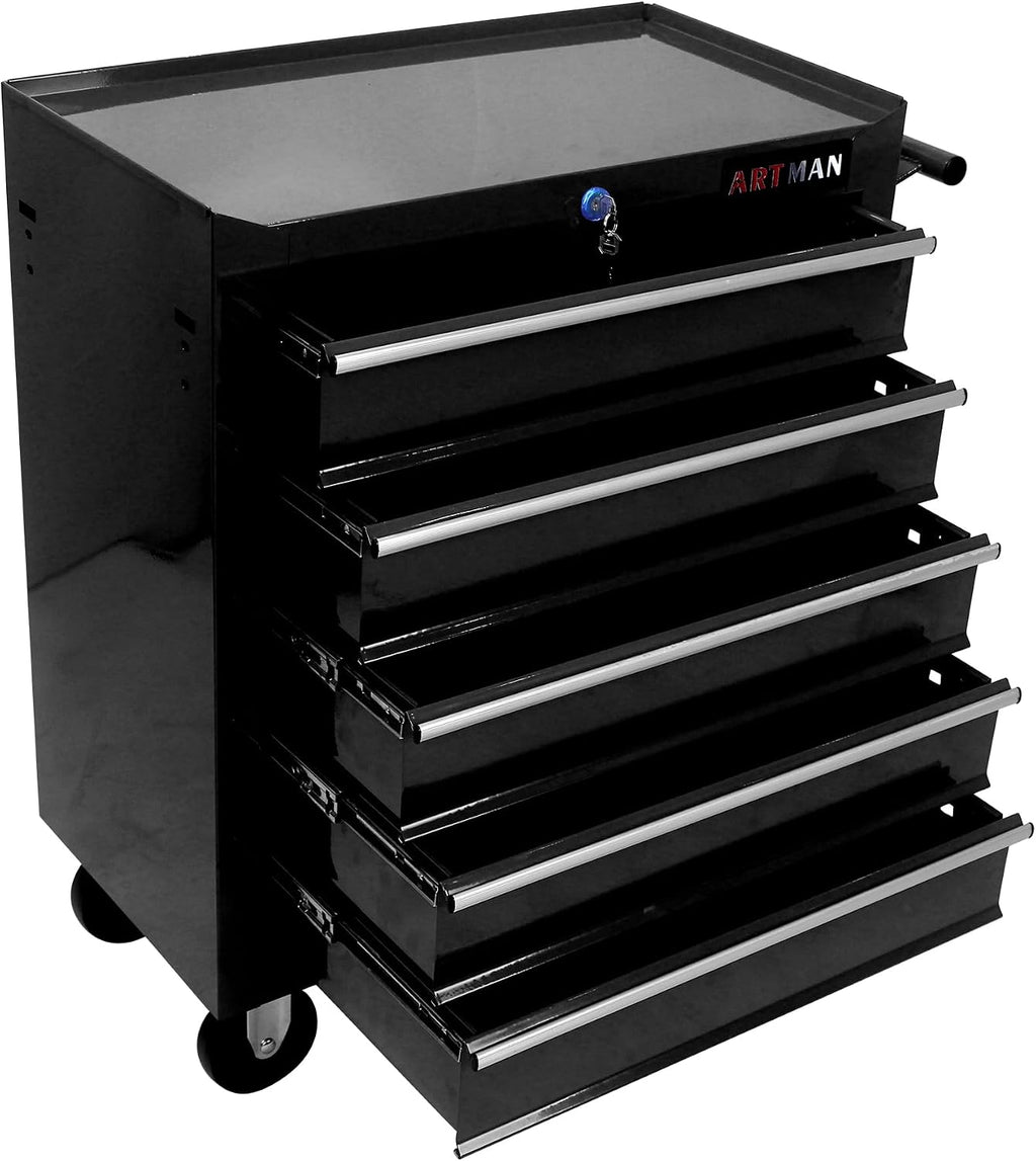 5 Drawers Tool Cart on Wheels, 5 Drawer Rolling Tool Chest with Key Lock, Trolley Organizer Tool Case, Multifunctional Rolling Tool Box for Garage,Warehouse,Workshop,Repair Shop (Black)