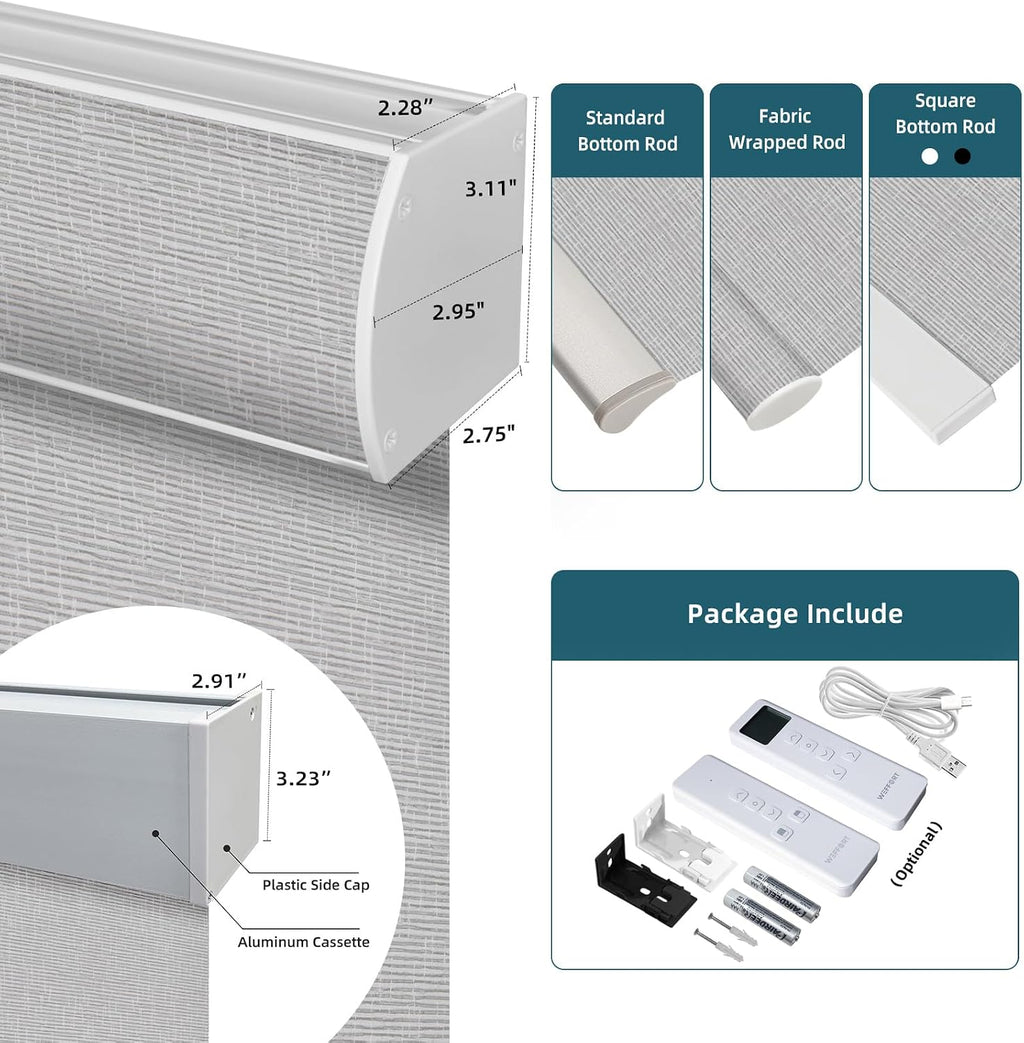 Motorized Roller Shade, 100% Blackout Smart Window Blinds Work with Homekit, Alexa, Google Home, Remote Control, Electric Blinds with USB/Solar Pannel Charging, Texture Smoke