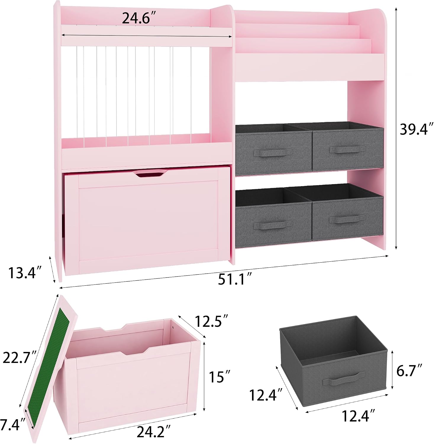 Toy Storage Organizer with Stuffed Animal Storage – Kids Bookshelf with 4 Removable Bins and 1 Movable Toy Box, 3-Tier Bookshelf with Buildable Baseplate Lid for Lego Bricks, Kids Room Playroom (Pink)
