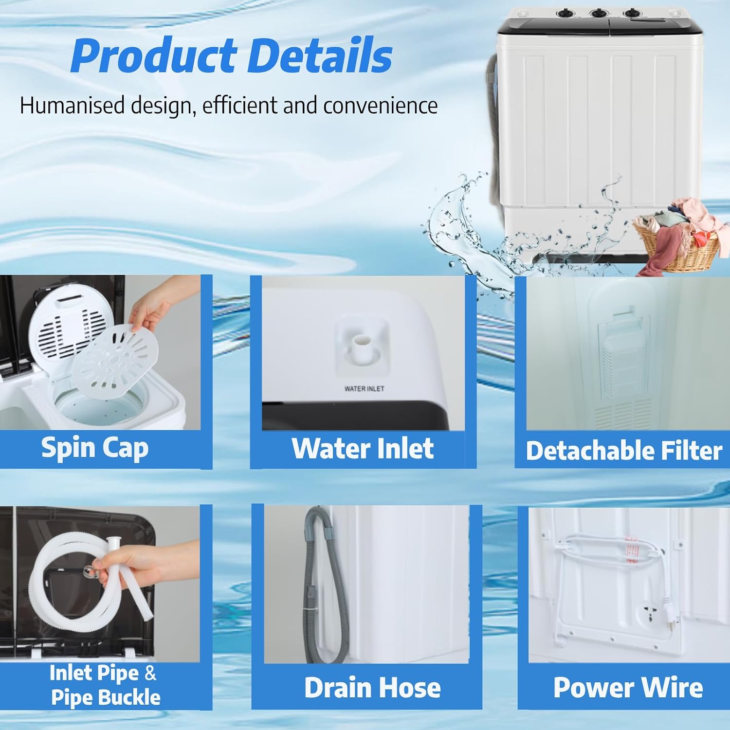 Nictemaw Portable 30Lbs Twin Tub Washing Machine Washer and Dryer Combo, Compact Laundry Machine with Drain Pump, Time Control, Semi-Automatic 19Lbs Washer and 11Lbs Spinner for Apartment Dorms RV
