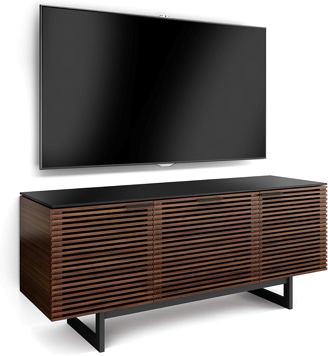 BDI Furniture Corridor 8177-65'' TV Stand for TVs up to 70' with Soundbar Shelf, Storage Drawer, Cable Management, Remote-Friendly Louver Doors, Satin-Etched Glass Top, Chocolate Stained Walnut