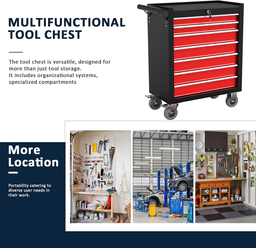 7-Drawer Metal Rolling Tool Chest with Wheels,Tool Storage Cabinet with Locking System，Toolbox with Wheels for Garage, Warehouse, Workshop, Repair Shop