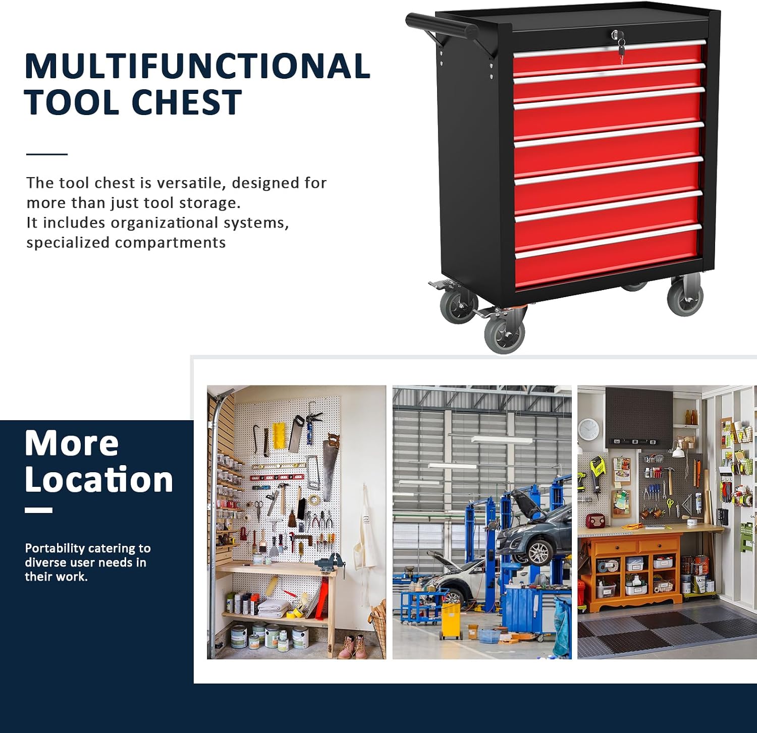 7-Drawer Metal Rolling Tool Chest with Wheels,Tool Storage Cabinet with Locking System，Toolbox with Wheels for Garage, Warehouse, Workshop, Repair Shop