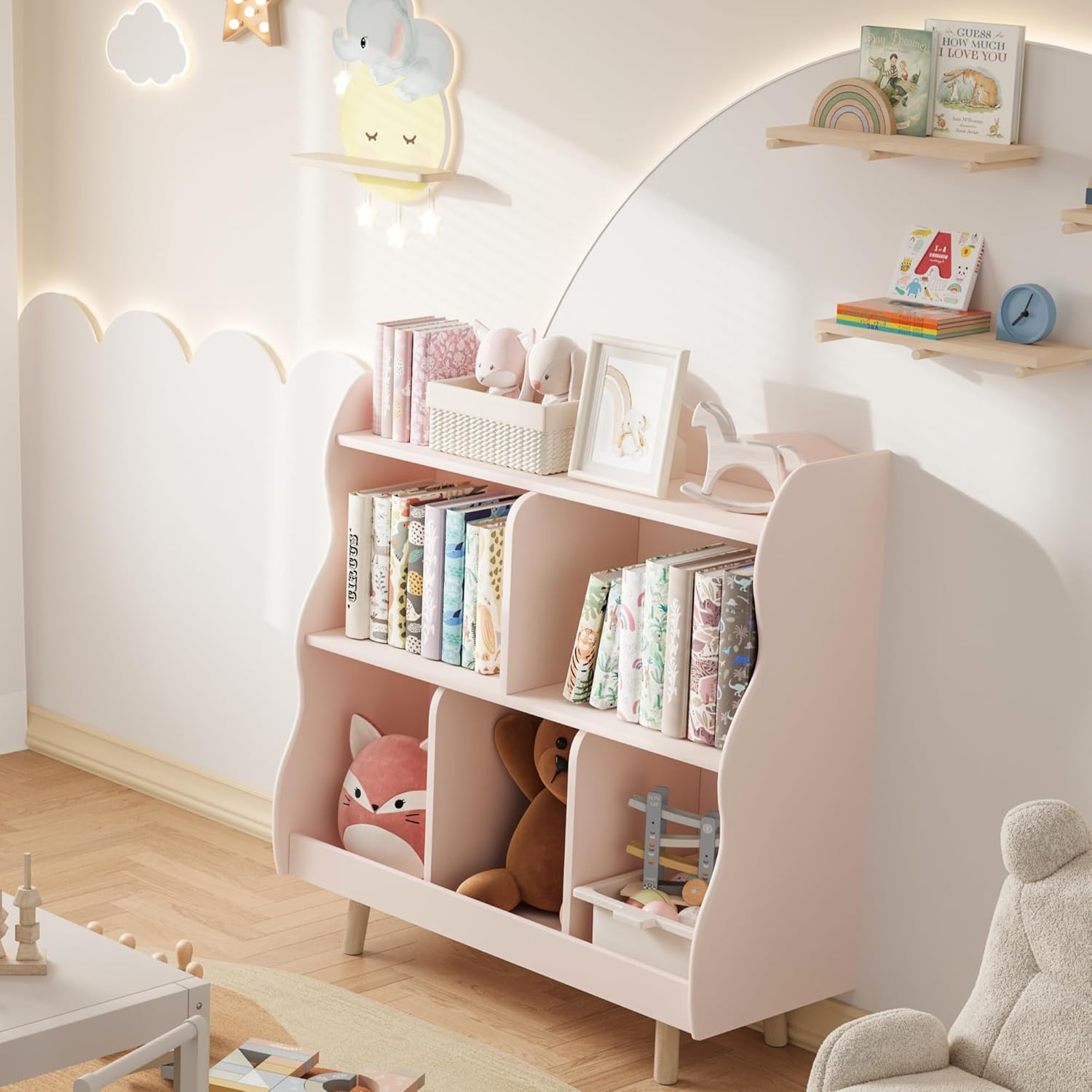 Treocho Kids Bookshelf and Toy Storage Orangizer, 3-Tier Wooden Children's Bookcase with Curve Design, 5 Cubbies Toy Storage Cabinet Display with Legs for Children's Room, Playroom, School, Pink